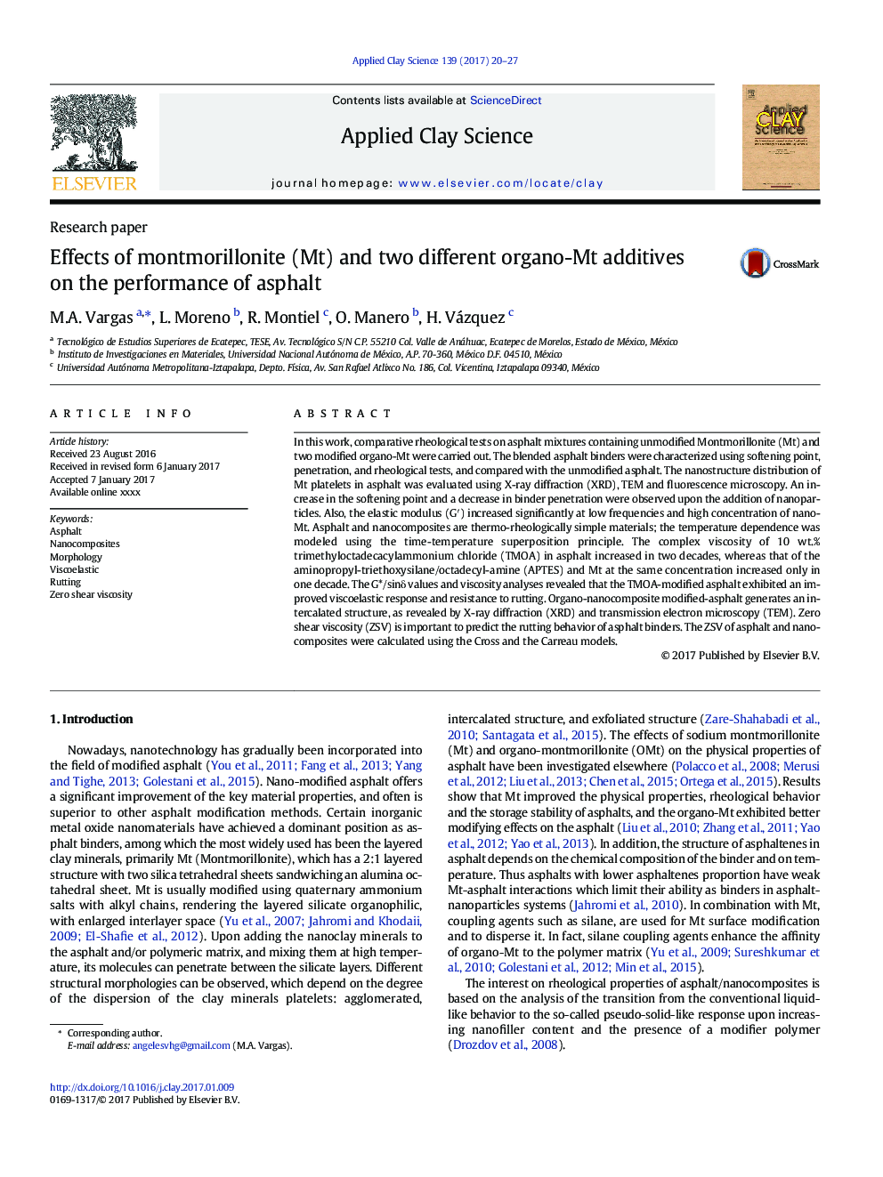 Effects of montmorillonite (Mt) and two different organo-Mt additives on the performance of asphalt