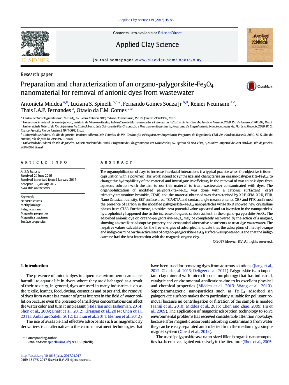 Preparation and characterization of an organo-palygorskite-Fe3O4 nanomaterial for removal of anionic dyes from wastewater