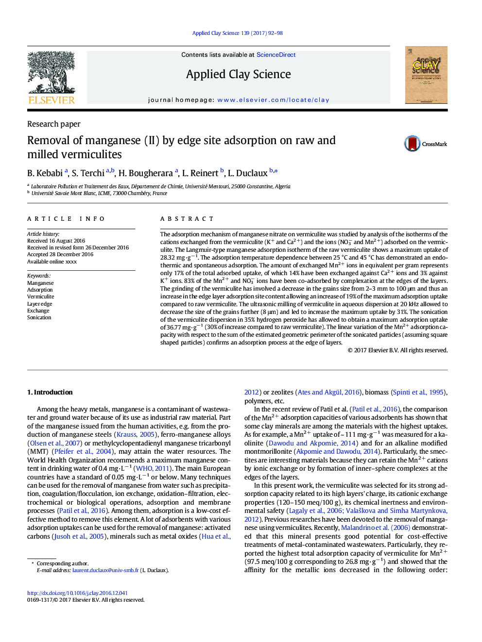 Removal of manganese (II) by edge site adsorption on raw and milled vermiculites