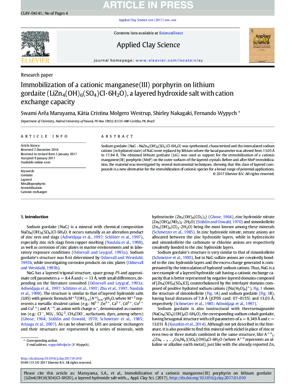 Immobilization of a cationic manganese(III) porphyrin on lithium gordaite (LiZn4(OH)6(SO4)ClÂ·6H2O), a layered hydroxide salt with cation exchange capacity