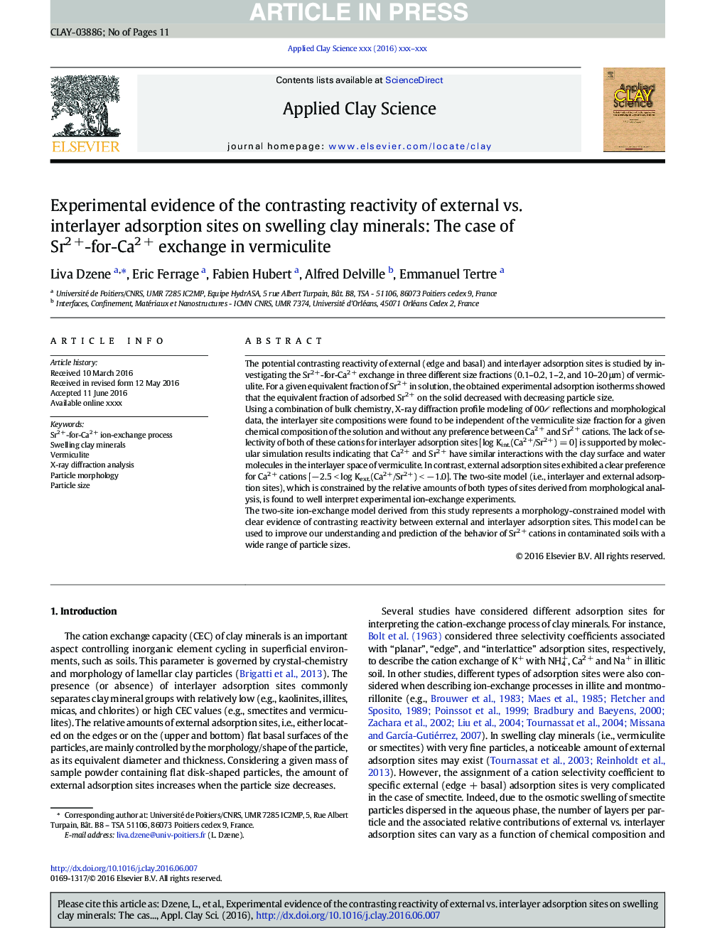 Experimental evidence of the contrasting reactivity of external vs. interlayer adsorption sites on swelling clay minerals: The case of Sr2Â +-for-Ca2Â + exchange in vermiculite