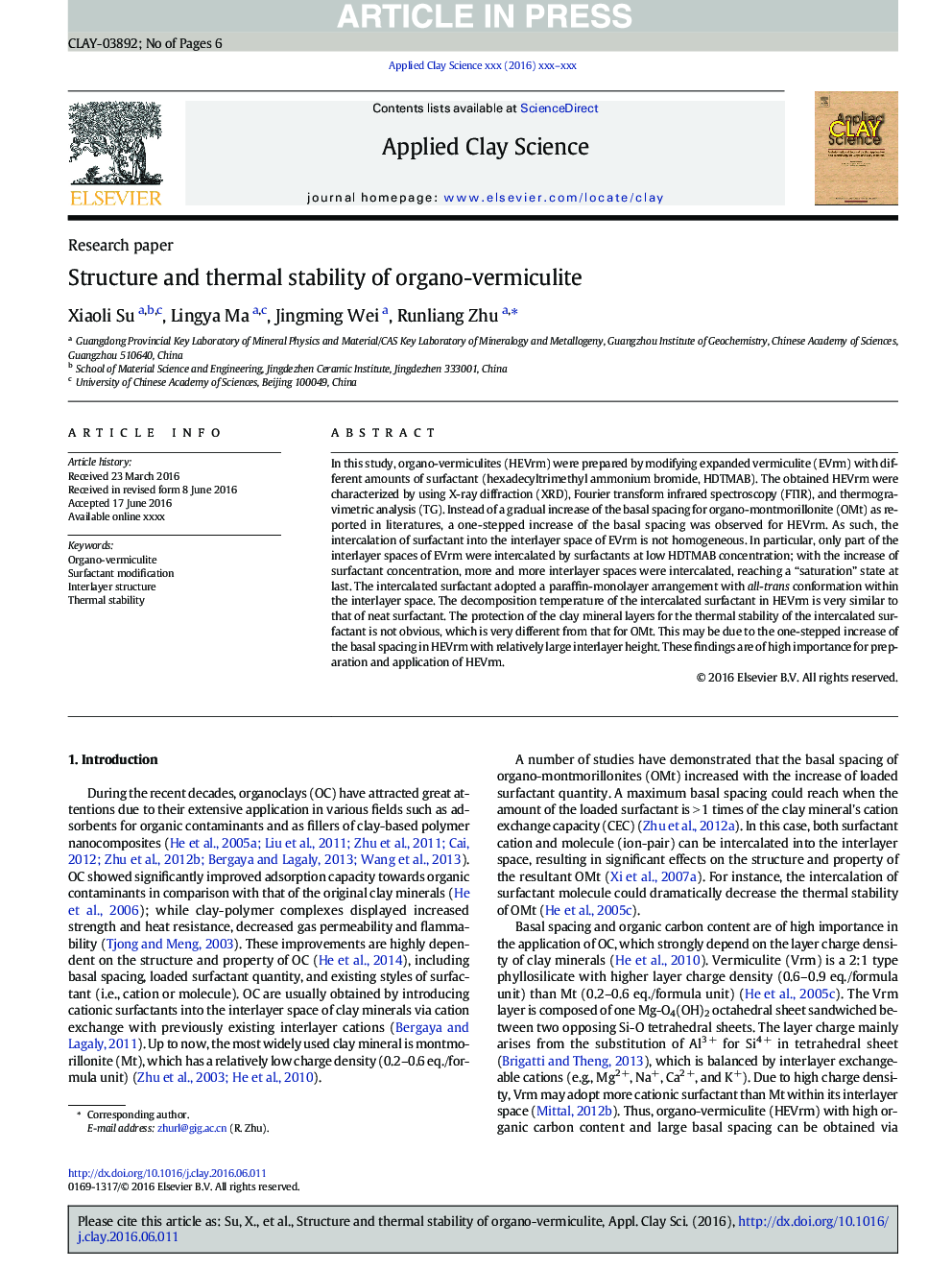 Structure and thermal stability of organo-vermiculite