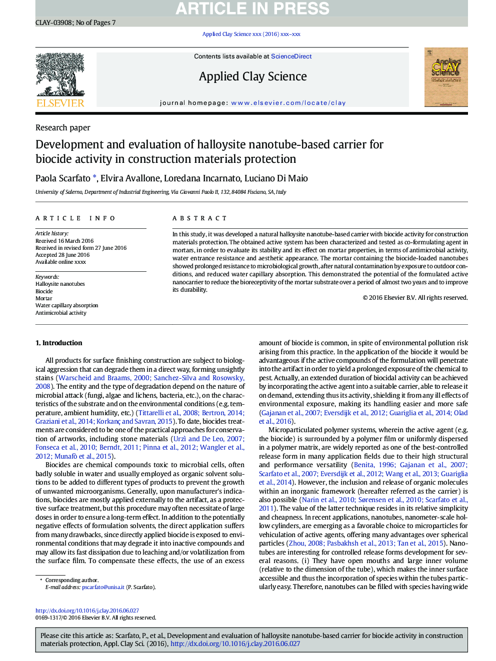 Development and evaluation of halloysite nanotube-based carrier for biocide activity in construction materials protection