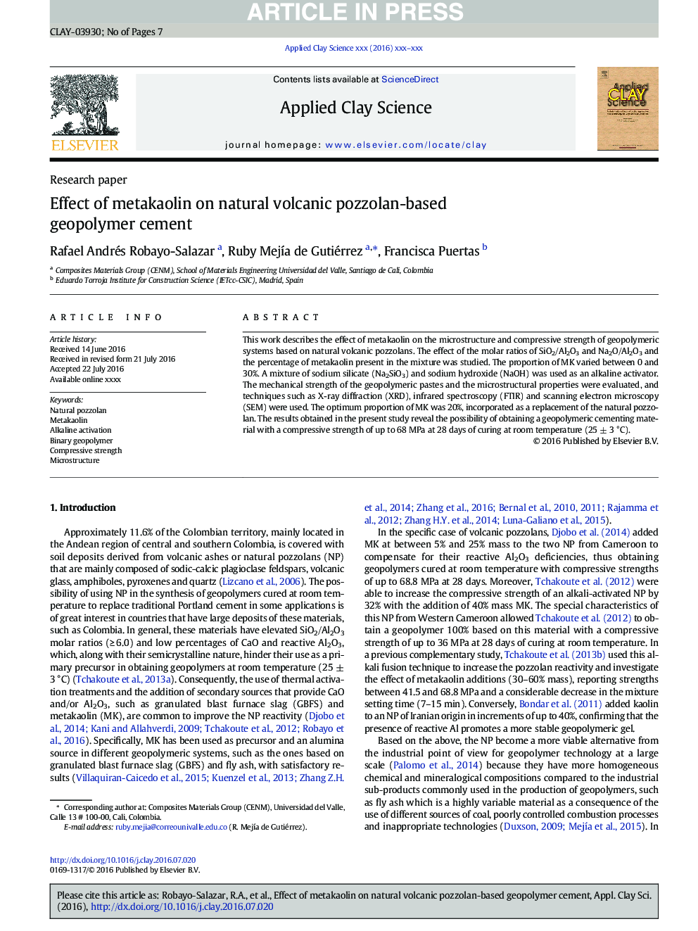 Effect of metakaolin on natural volcanic pozzolan-based geopolymer cement