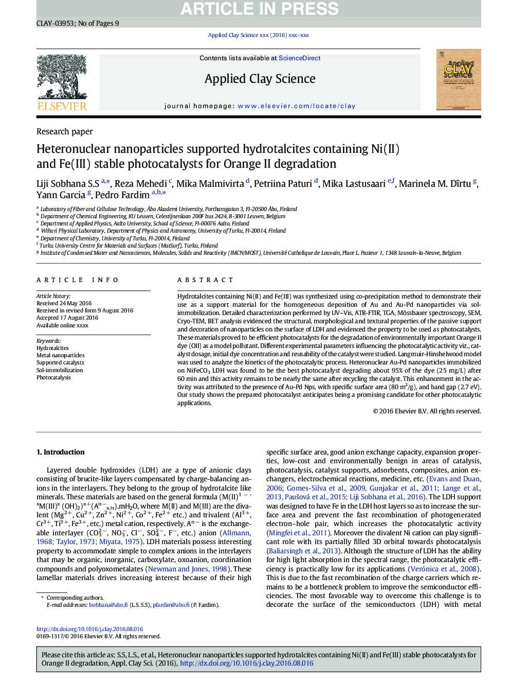 Heteronuclear nanoparticles supported hydrotalcites containing Ni(II) and Fe(III) stable photocatalysts for Orange II degradation