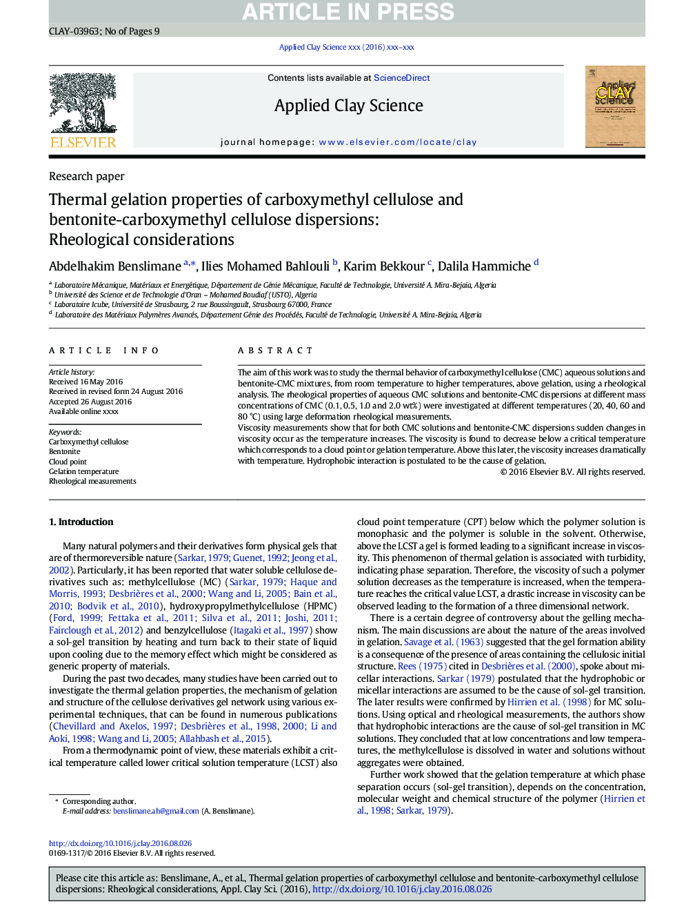 Thermal gelation properties of carboxymethyl cellulose and bentonite-carboxymethyl cellulose dispersions: Rheological considerations