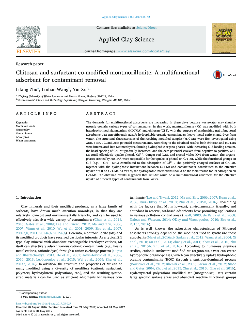 Research paperChitosan and surfactant co-modified montmorillonite: A multifunctional adsorbent for contaminant removal