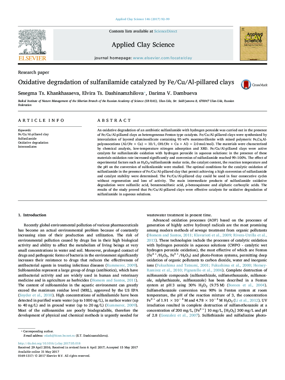 Oxidative degradation of sulfanilamide catalyzed by Fe/Cu/Al-pillared clays