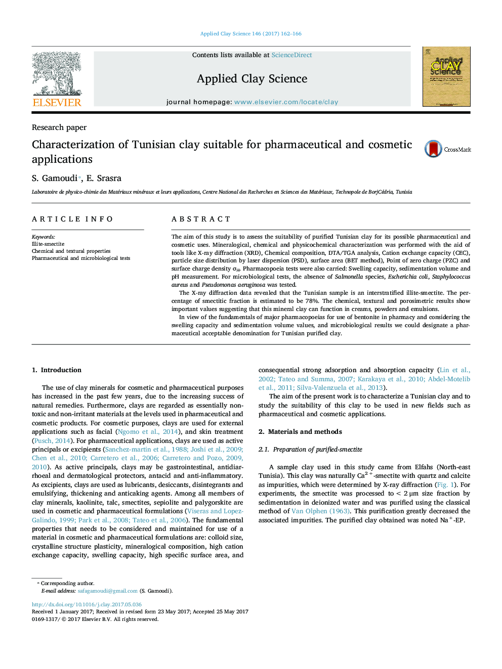 Characterization of Tunisian clay suitable for pharmaceutical and cosmetic applications