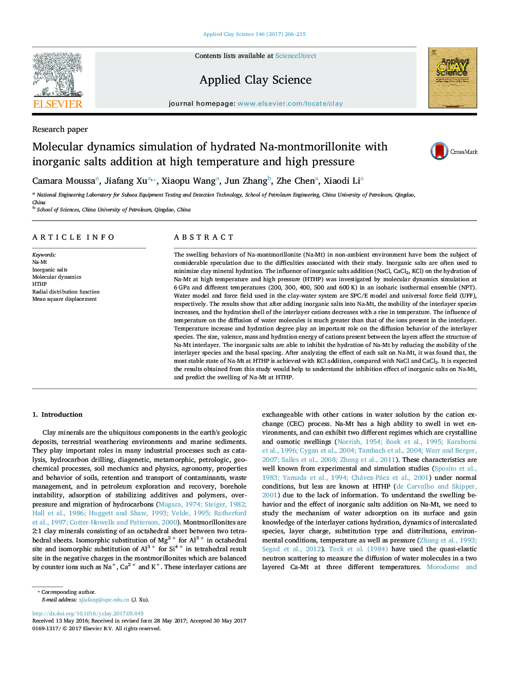 Molecular dynamics simulation of hydrated Na-montmorillonite with inorganic salts addition at high temperature and high pressure