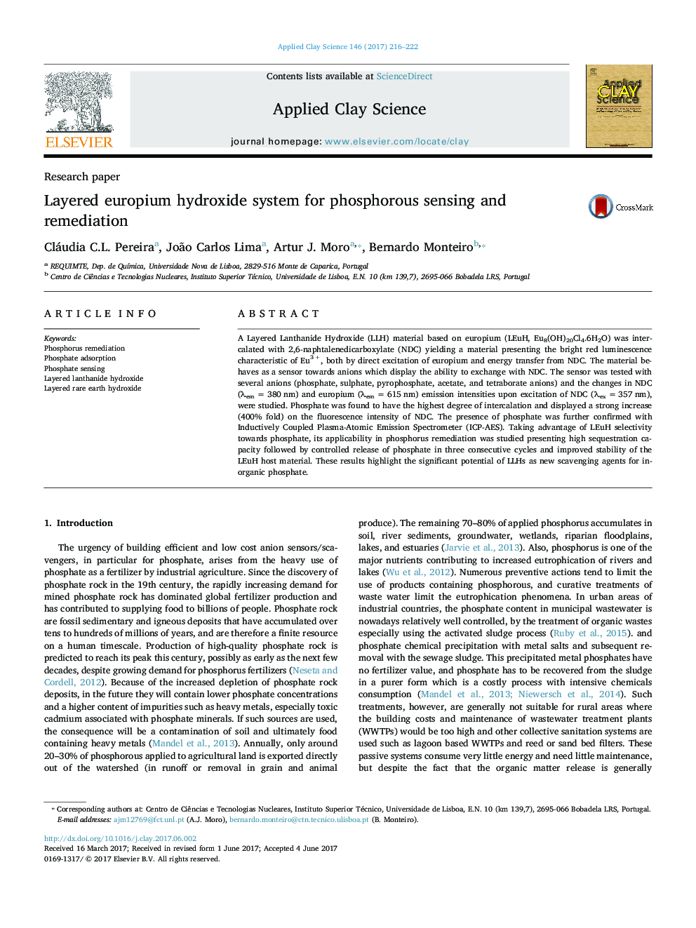 Layered europium hydroxide system for phosphorous sensing and remediation