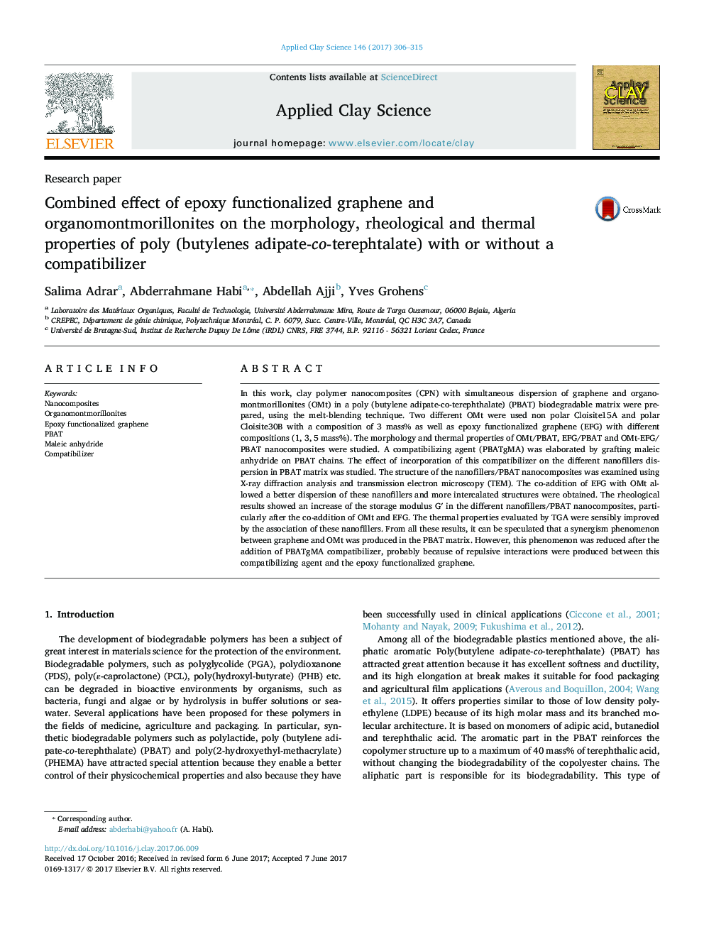 Combined effect of epoxy functionalized graphene and organomontmorillonites on the morphology, rheological and thermal properties of poly (butylenes adipate-co-terephtalate) with or without a compatibilizer