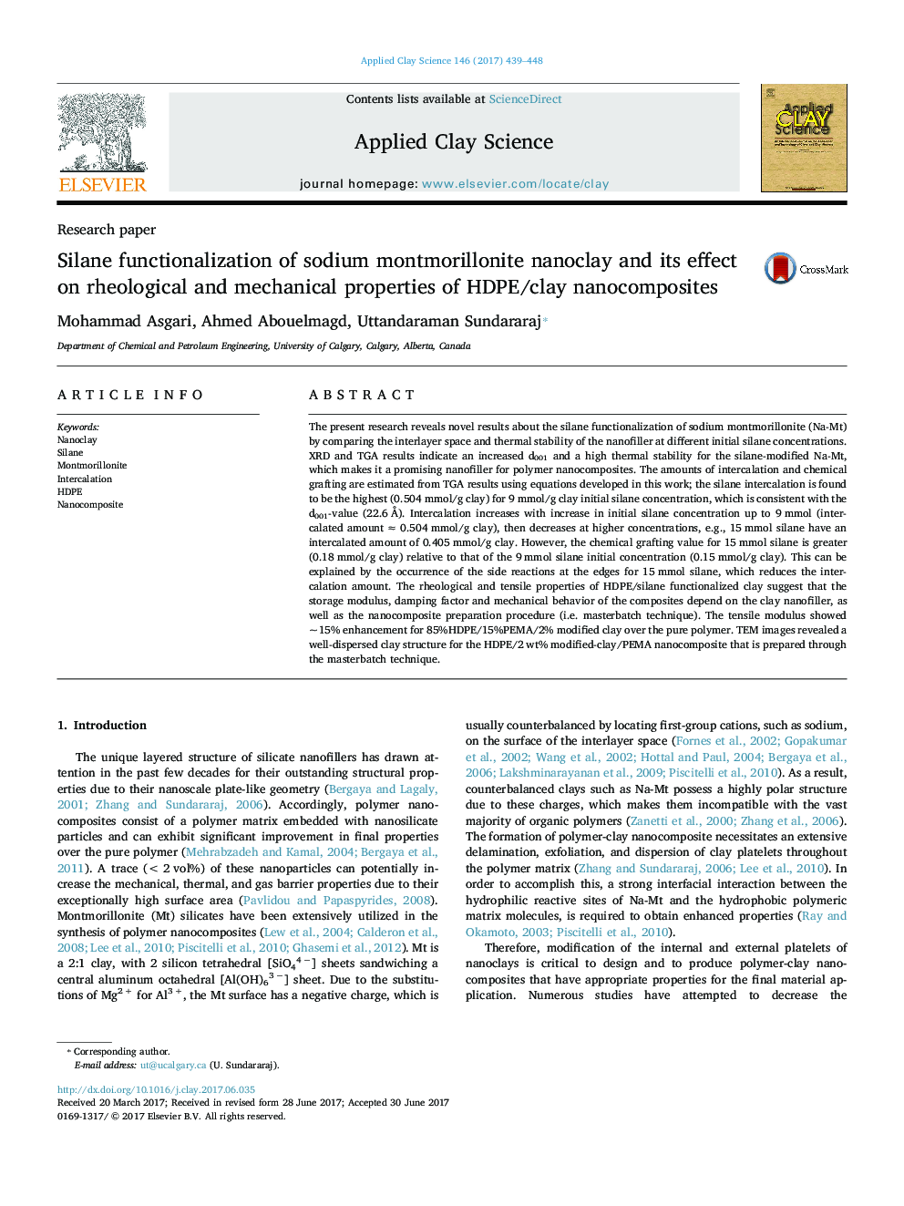 Silane functionalization of sodium montmorillonite nanoclay and its effect on rheological and mechanical properties of HDPE/clay nanocomposites