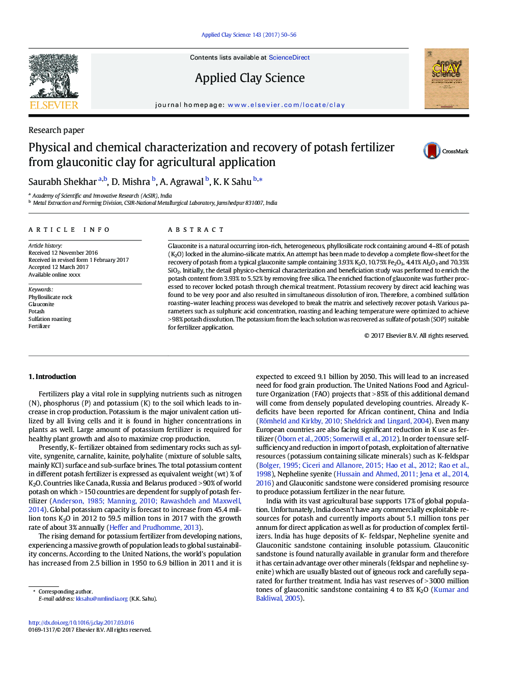 Physical and chemical characterization and recovery of potash fertilizer from glauconitic clay for agricultural application