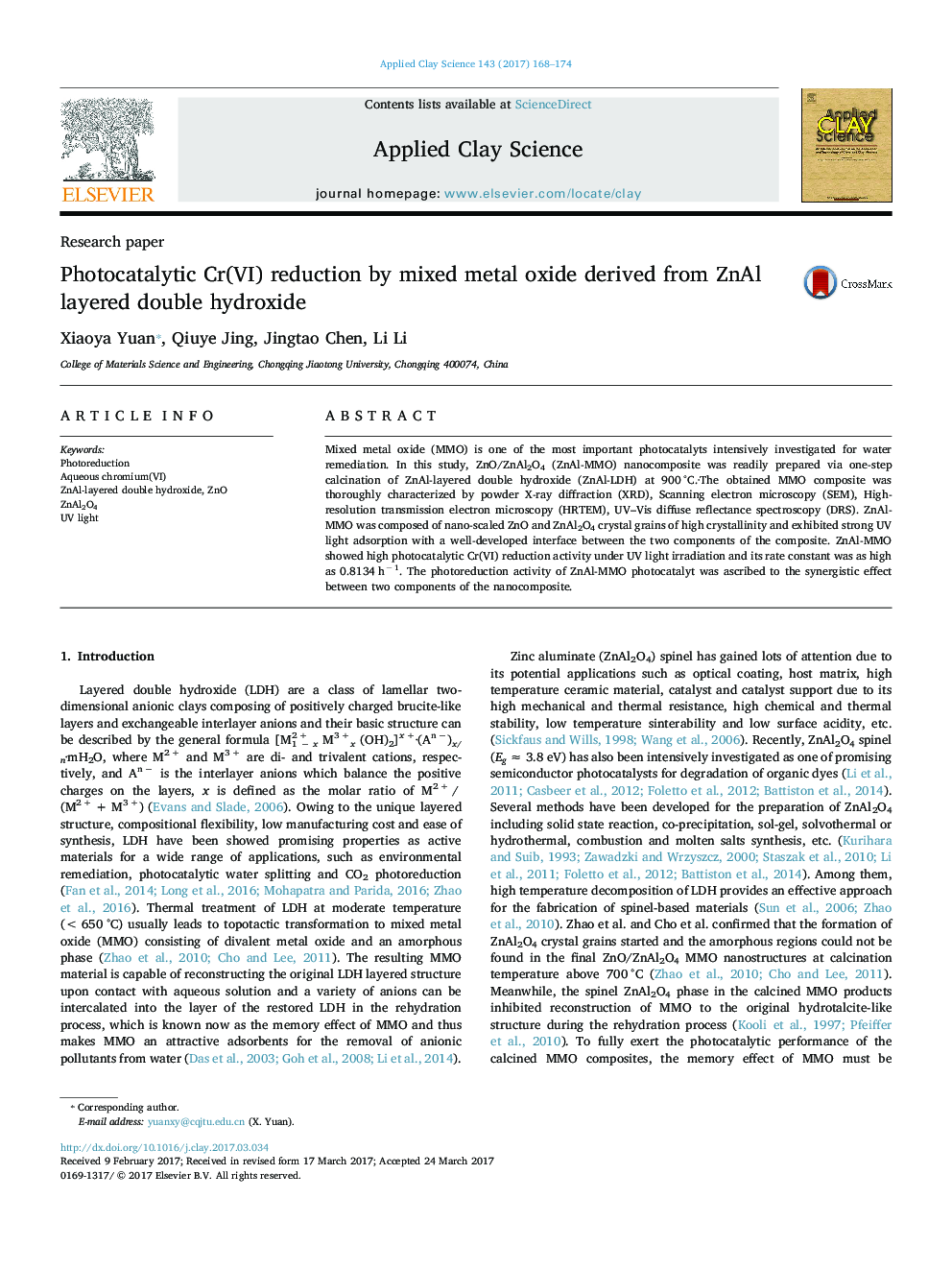 Photocatalytic Cr(VI) reduction by mixed metal oxide derived from ZnAl layered double hydroxide