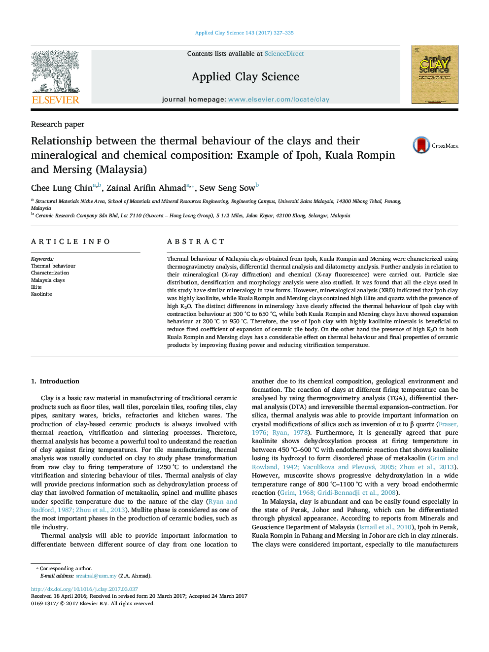 Relationship between the thermal behaviour of the clays and their mineralogical and chemical composition: Example of Ipoh, Kuala Rompin and Mersing (Malaysia)