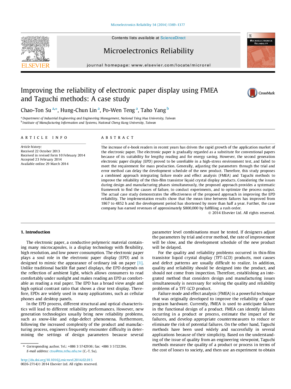 Improving the reliability of electronic paper display using FMEA and Taguchi methods: A case study