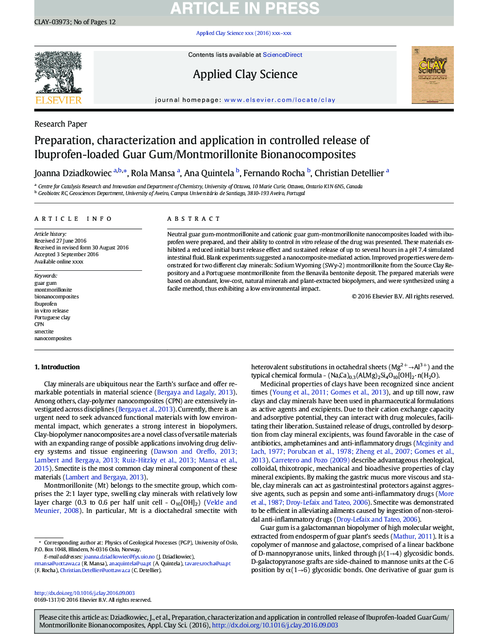 Preparation, characterization and application in controlled release of Ibuprofen-loaded Guar Gum/Montmorillonite Bionanocomposites