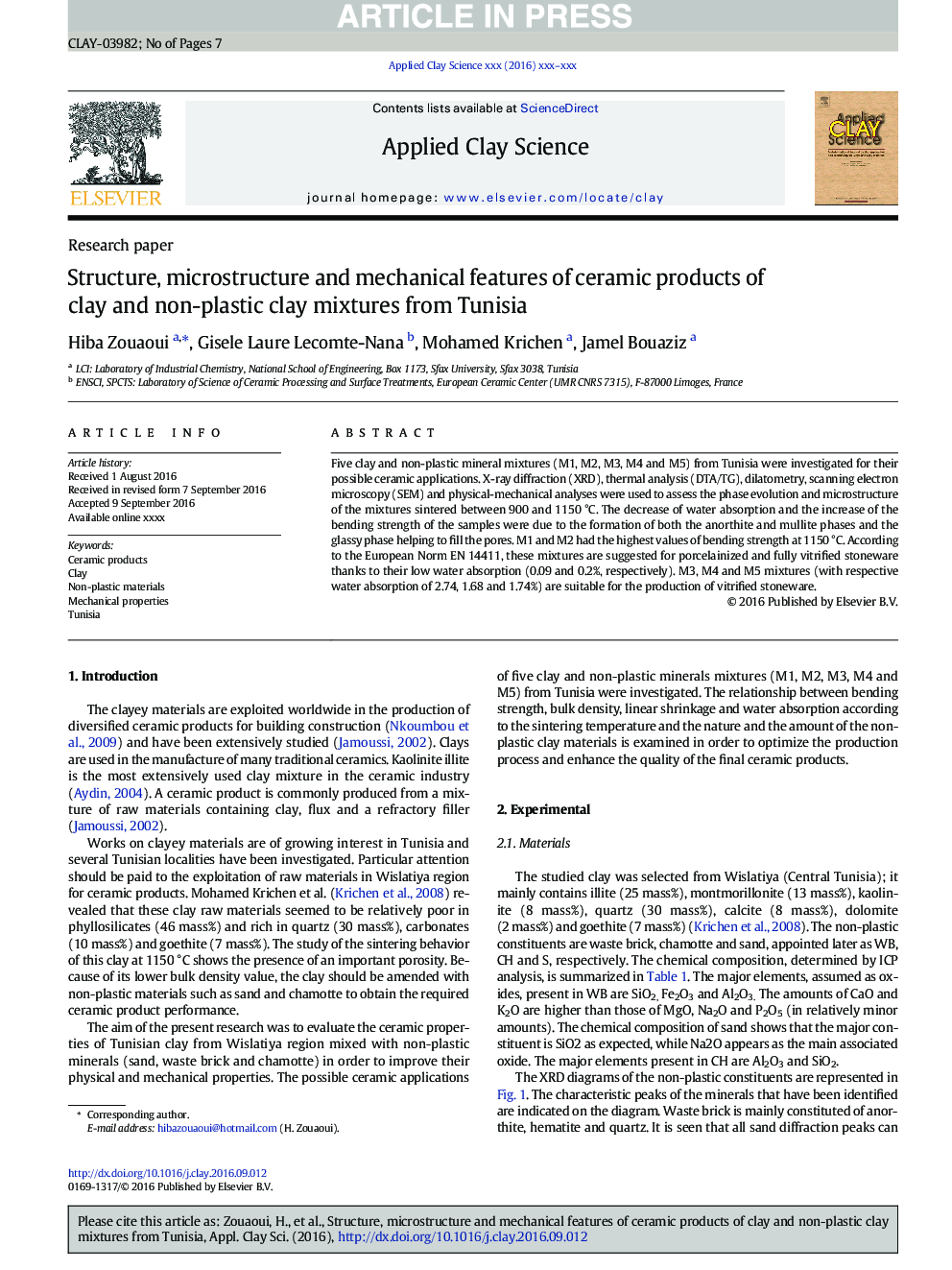 Structure, microstructure and mechanical features of ceramic products of clay and non-plastic clay mixtures from Tunisia
