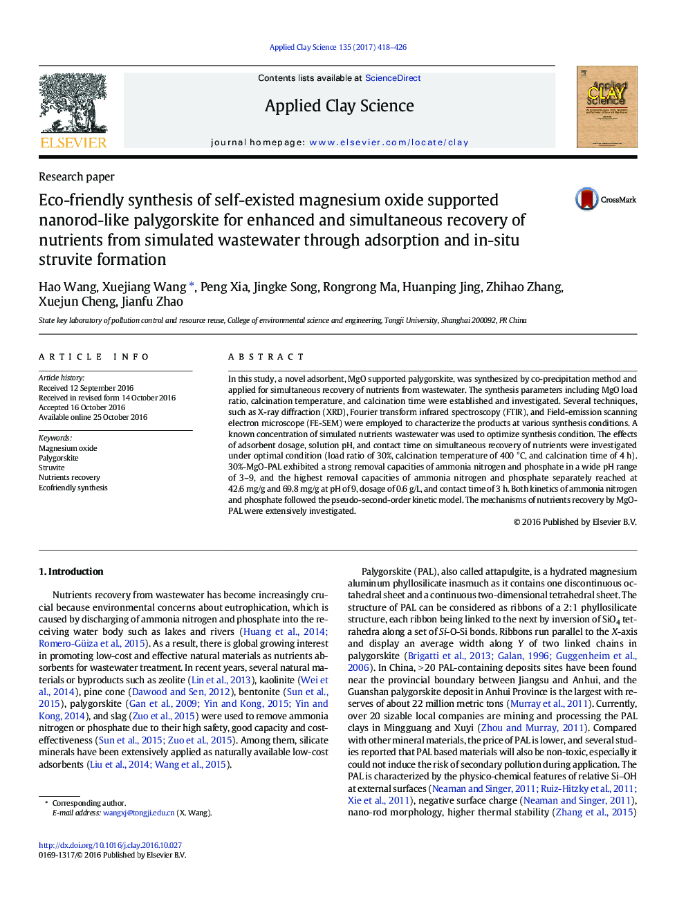 Research paperEco-friendly synthesis of self-existed magnesium oxide supported nanorod-like palygorskite for enhanced and simultaneous recovery of nutrients from simulated wastewater through adsorption and in-situ struvite formation