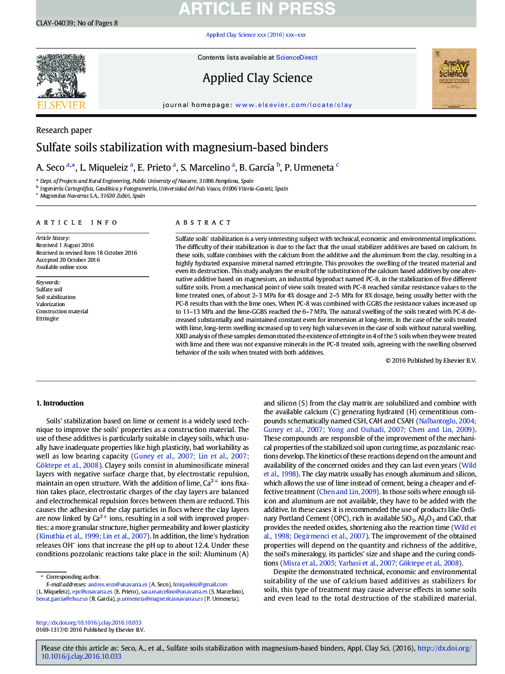 Sulfate soils stabilization with magnesium-based binders