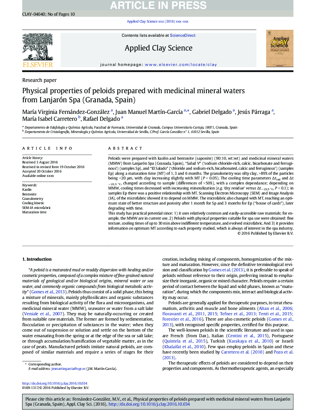 Physical properties of peloids prepared with medicinal mineral waters from Lanjarón Spa (Granada, Spain)