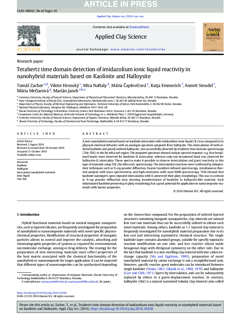 Terahertz time domain detection of imidazolium ionic liquid reactivity in nanohybrid materials based on Kaolinite and Halloysite