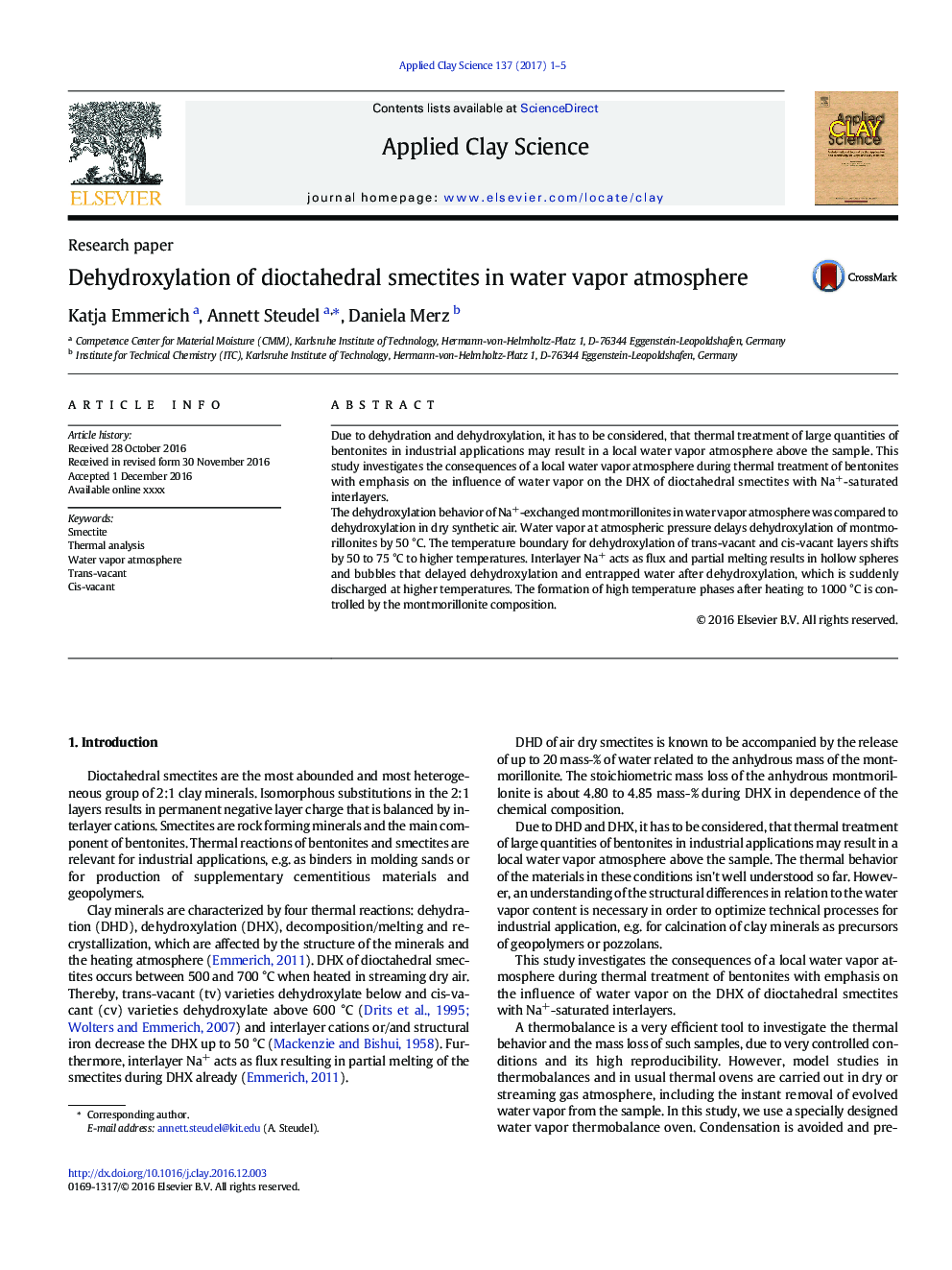 عکس صفحه اول مقاله: Dehydroxylation of dioctahedral smectites in water vapor atmosphere Dehydroxylation of dioctahedral smectites in water vapor atmosphere