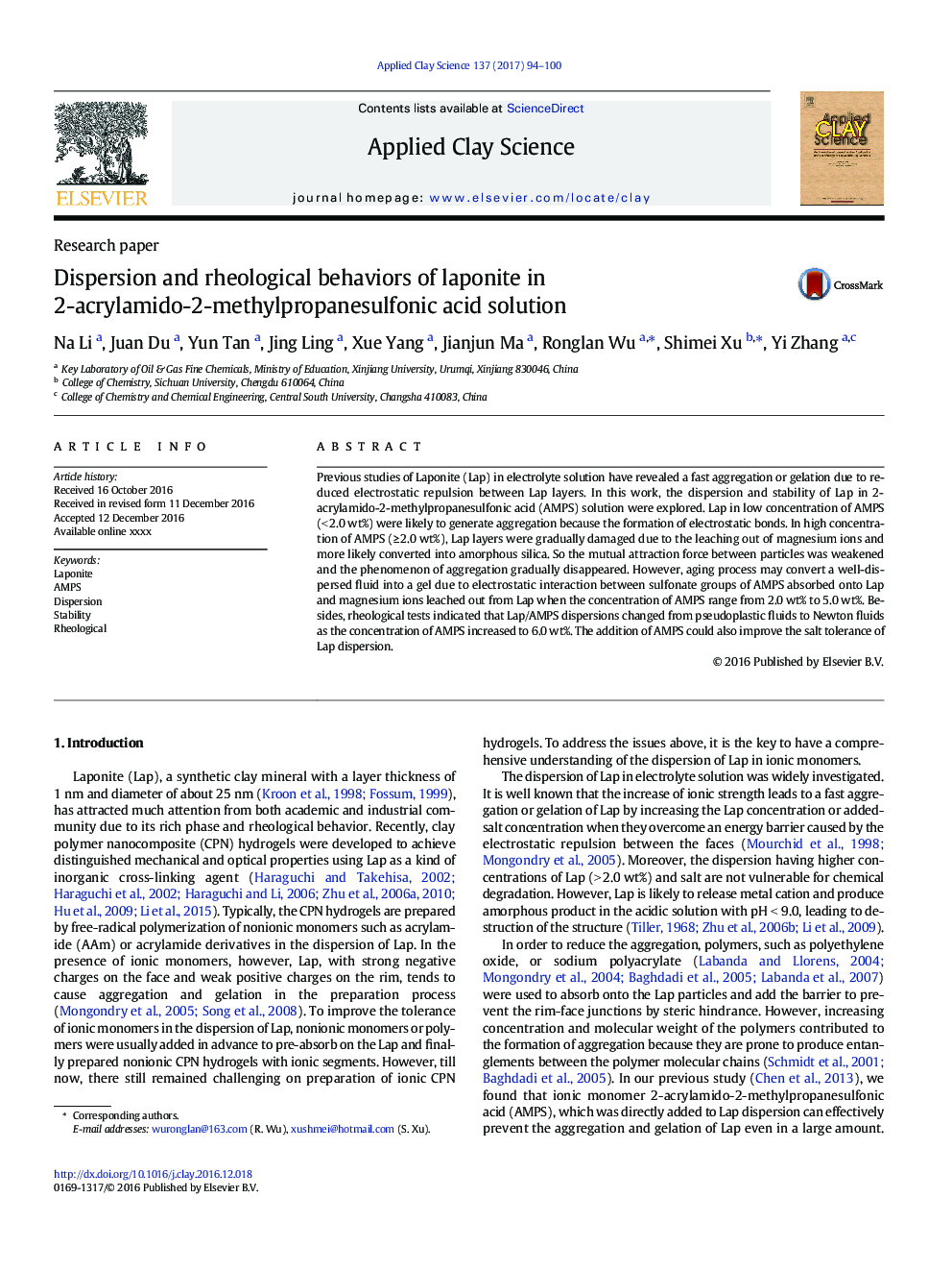 Dispersion and rheological behaviors of laponite in 2-acrylamido-2-methylpropanesulfonic acid solution