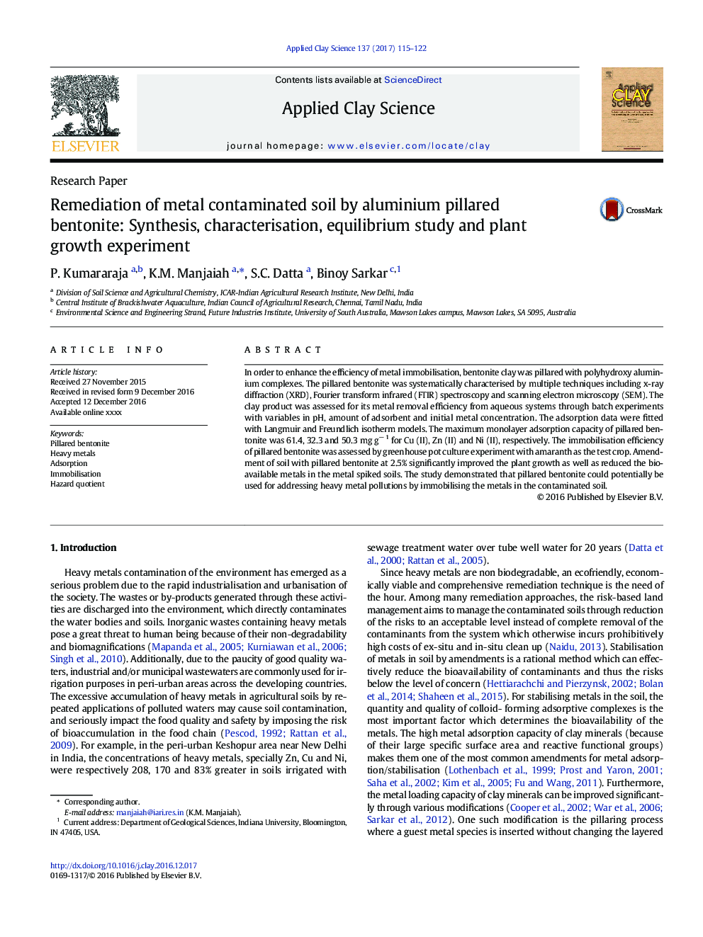 Remediation of metal contaminated soil by aluminium pillared bentonite: Synthesis, characterisation, equilibrium study and plant growth experiment