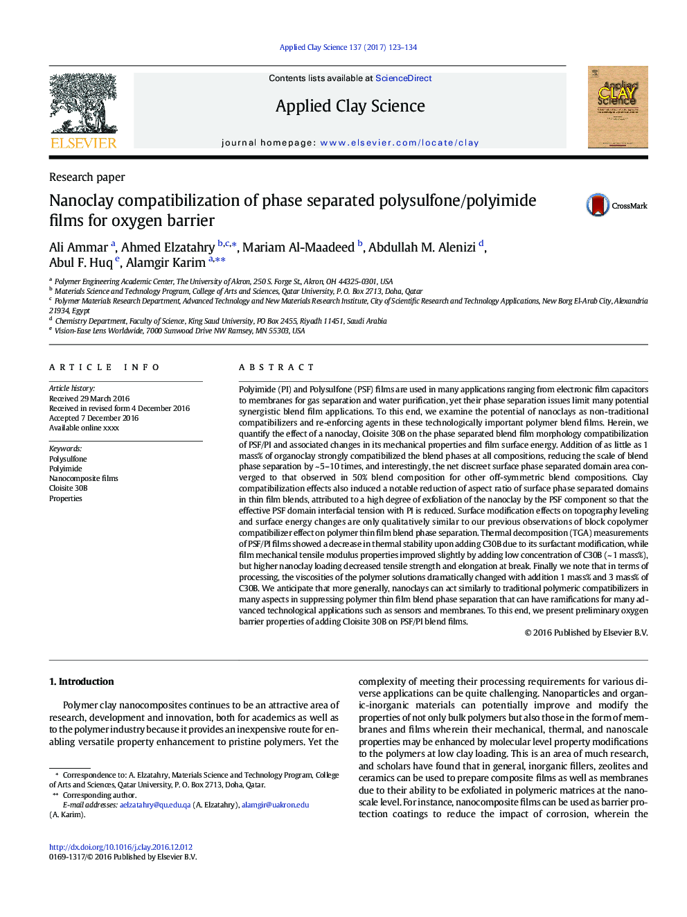 Nanoclay compatibilization of phase separated polysulfone/polyimide films for oxygen barrier