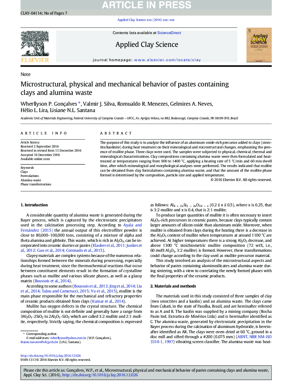 Microstructural, physical and mechanical behavior of pastes containing clays and alumina waste