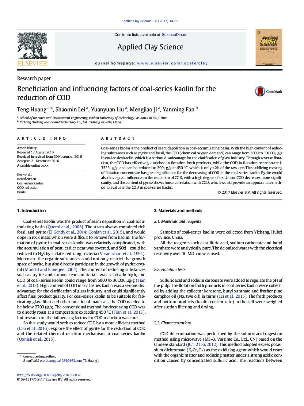 Beneficiation and influencing factors of coal-series kaolin for the reduction of COD