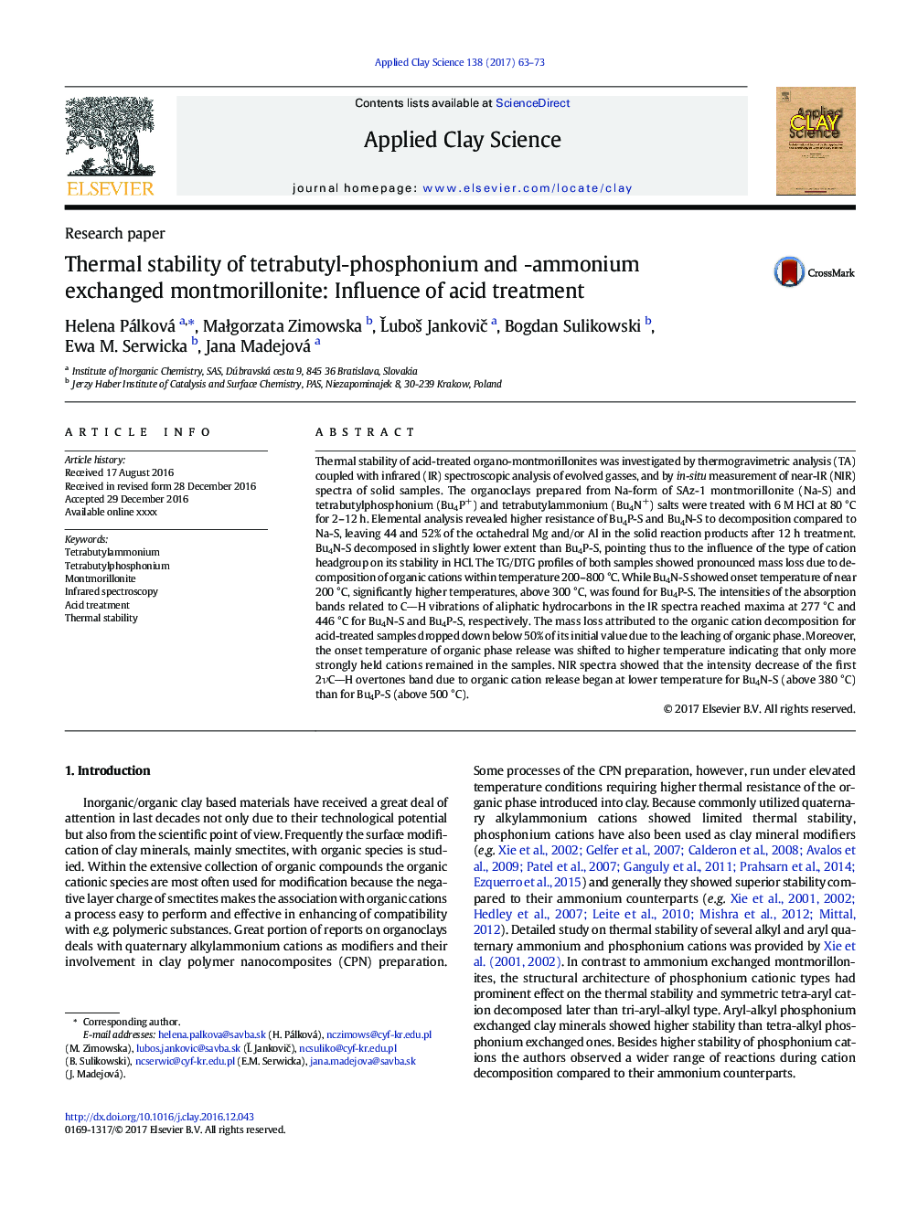 Thermal stability of tetrabutyl-phosphonium and -ammonium exchanged montmorillonite: Influence of acid treatment