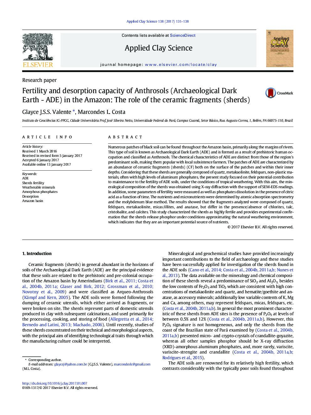 Fertility and desorption capacity of Anthrosols (Archaeological Dark Earth - ADE) in the Amazon: The role of the ceramic fragments (sherds)