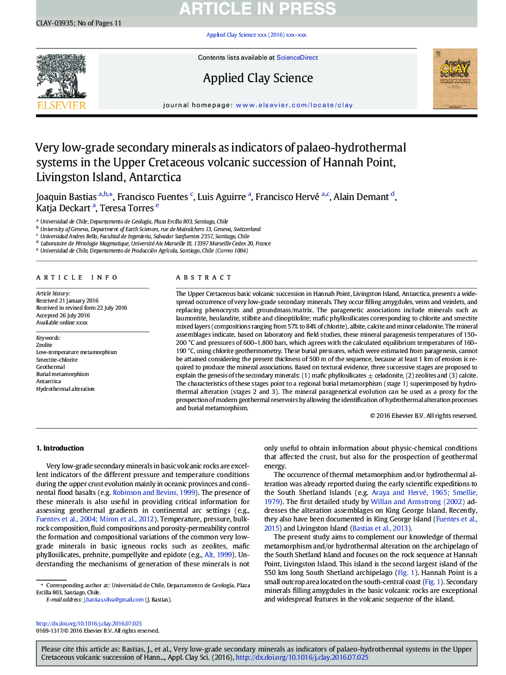 عکس صفحه اول مقاله: Very low-grade secondary minerals as indicators of palaeo-hydrothermal systems in the Upper Cretaceous volcanic succession of Hannah Point, Livingston Island, Antarctica Very low-grade secondary minerals as indicators of palaeo-hydrothermal systems in the Upper Cretaceous volcanic succession of Hannah Point, Livingston Island, Antarctica