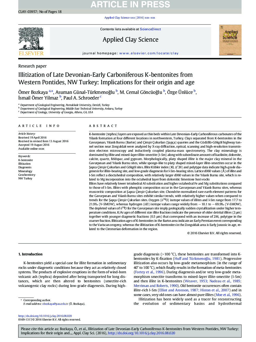 Illitization of Late Devonian-Early Carboniferous K-bentonites from Western Pontides, NW Turkey: Implications for their origin and age