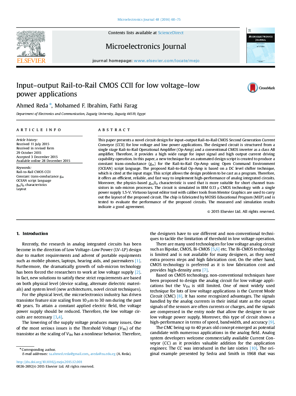 Input–output Rail-to-Rail CMOS CCII for low voltage–low power applications