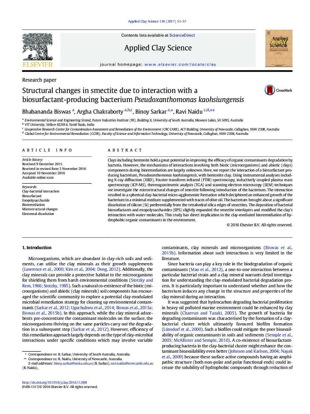 Structural changes in smectite due to interaction with a biosurfactant-producing bacterium Pseudoxanthomonas kaohsiungensis