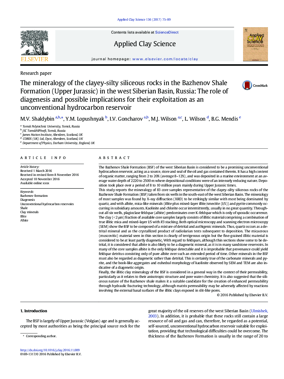 The mineralogy of the clayey-silty siliceous rocks in the Bazhenov Shale Formation (Upper Jurassic) in the west Siberian Basin, Russia: The role of diagenesis and possible implications for their exploitation as an unconventional hydrocarbon reservoir