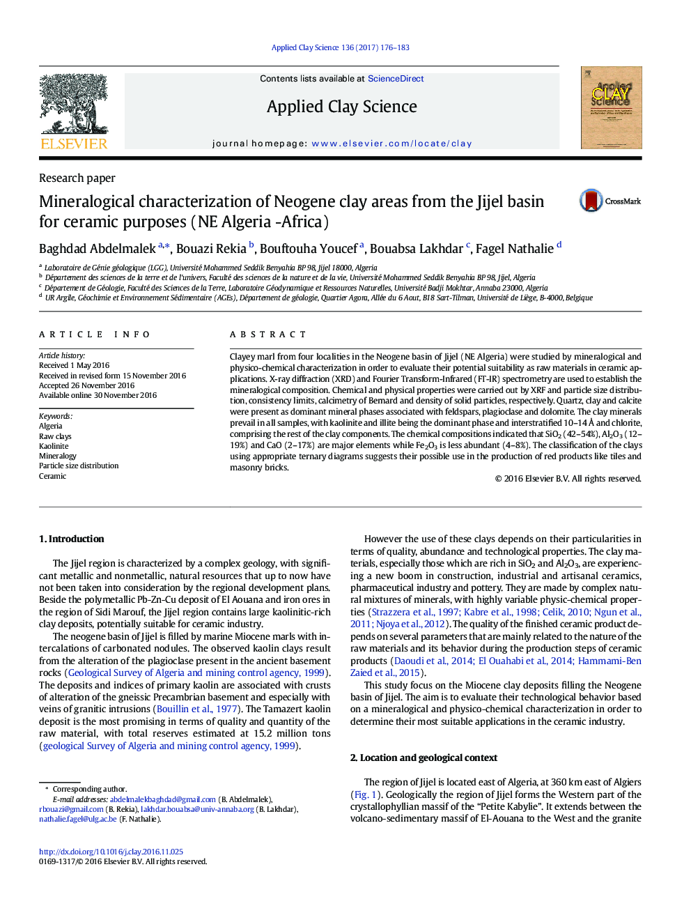 Mineralogical characterization of Neogene clay areas from the Jijel basin for ceramic purposes (NE Algeria -Africa)