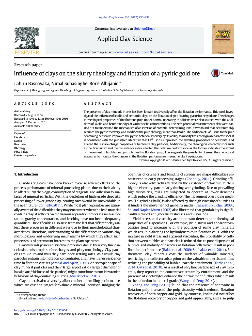 Influence of clays on the slurry rheology and flotation of a pyritic gold ore