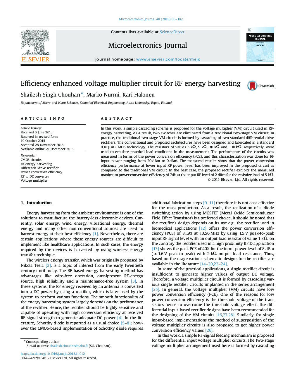 Efficiency enhanced voltage multiplier circuit for RF energy harvesting