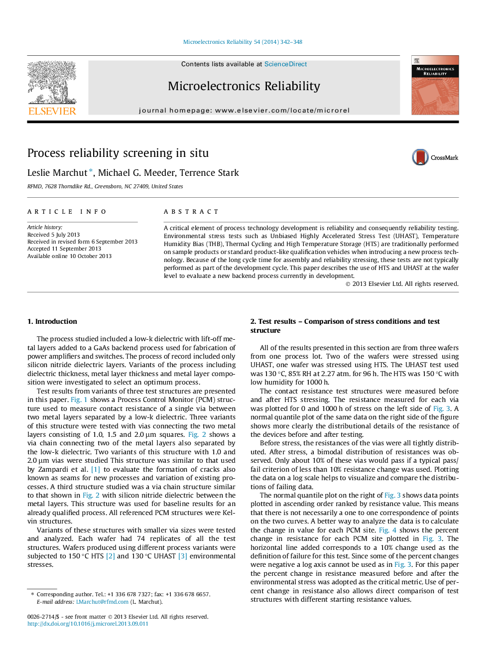 Process reliability screening in situ