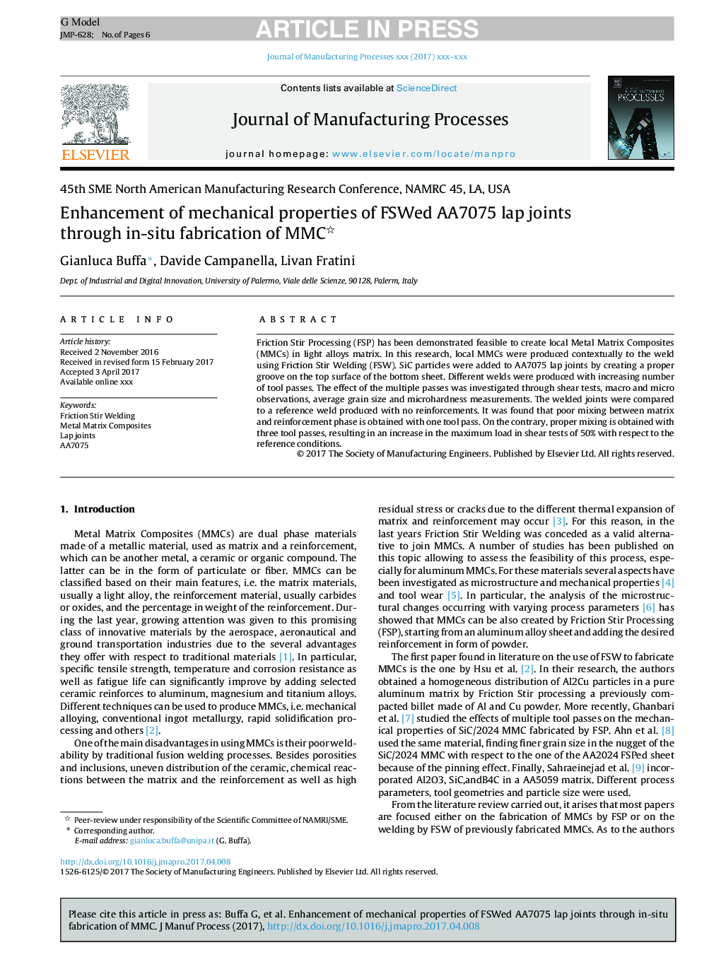 Enhancement of mechanical properties of FSWed AA7075 lap joints through in-situ fabrication of MMC