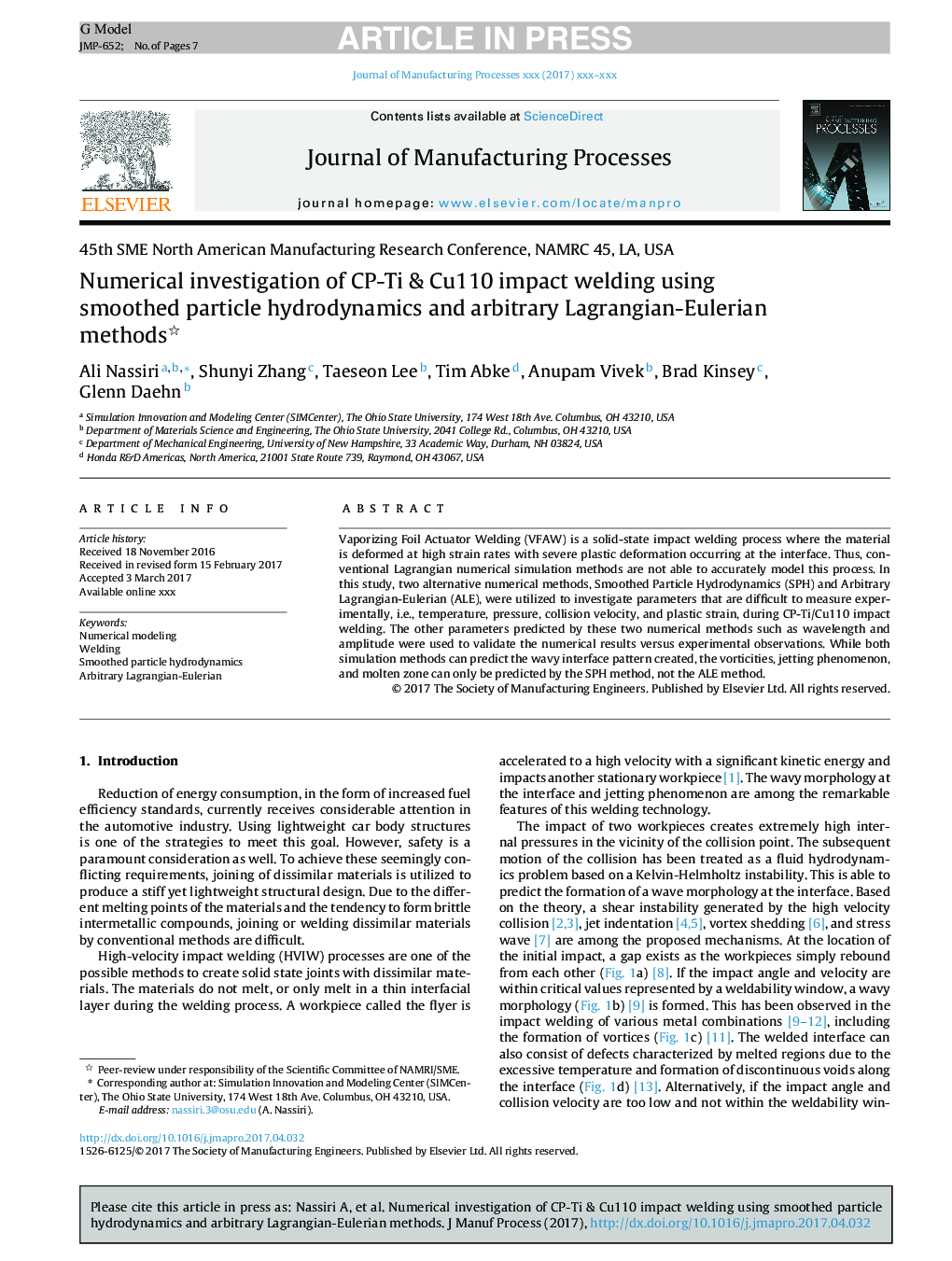 Numerical investigation of CP-Ti & Cu110 impact welding using smoothed particle hydrodynamics and arbitrary Lagrangian-Eulerian methods