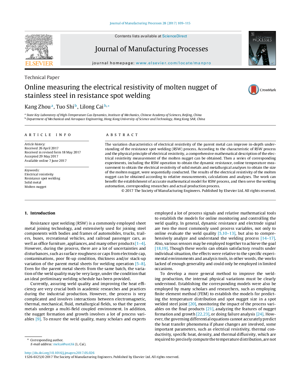 Technical PaperOnline measuring the electrical resistivity of molten nugget of stainless steel in resistance spot welding