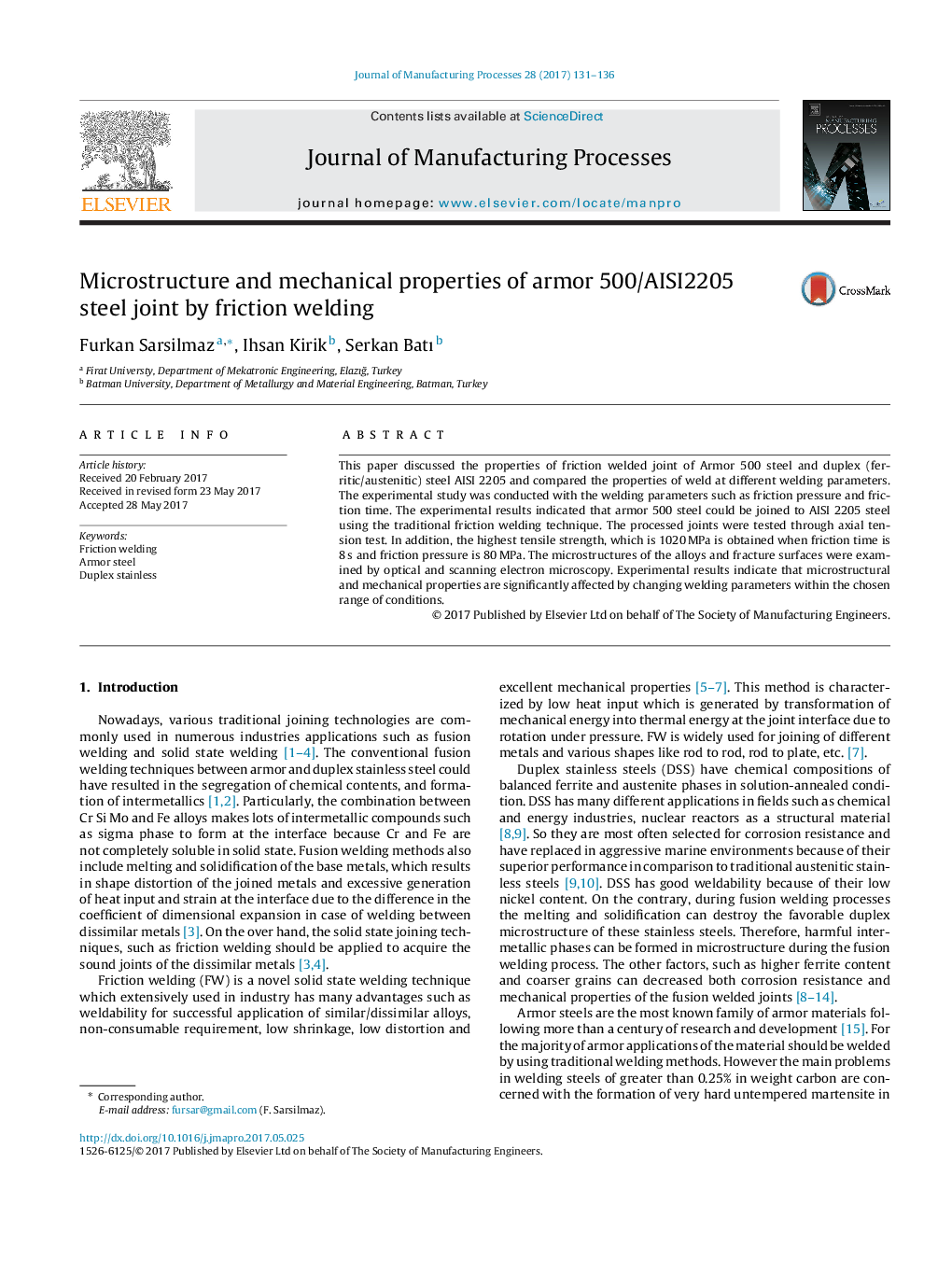 Microstructure and mechanical properties of armor 500/AISI2205 steel joint by friction welding