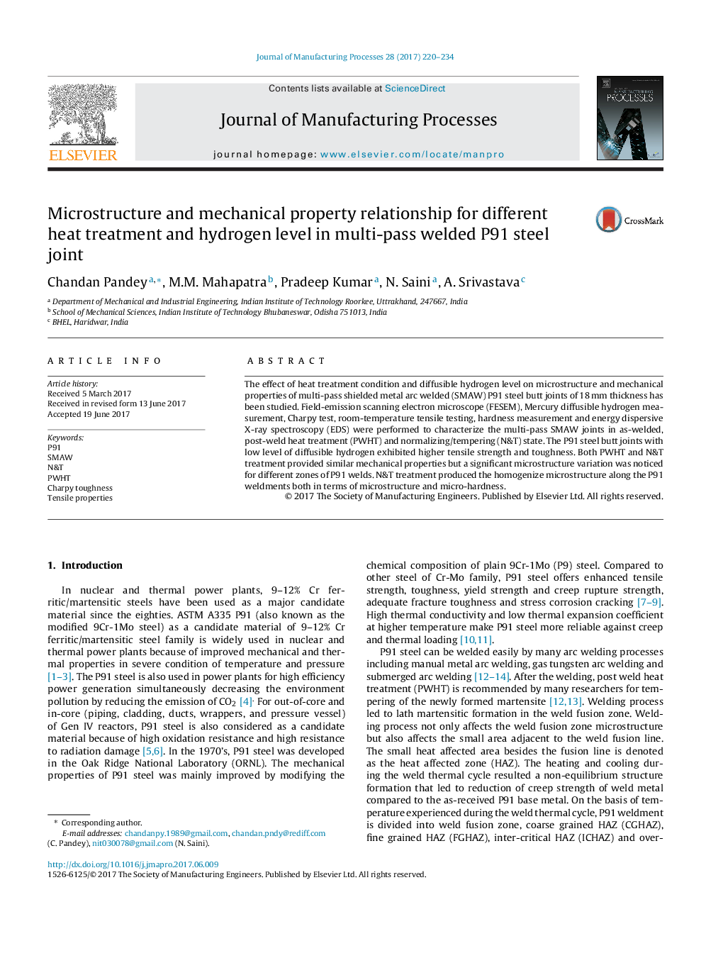 عکس صفحه اول مقاله: Microstructure and mechanical property relationship for different heat treatment and hydrogen level in multi-pass welded P91 steel joint Microstructure and mechanical property relationship for different heat treatment and hydrogen level in multi-pass welded P91 steel joint