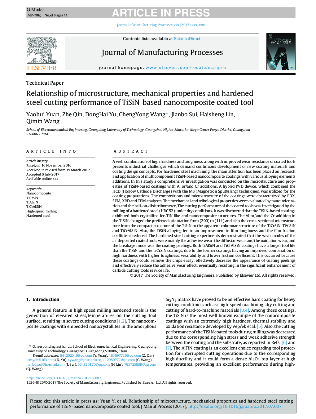 Relationship of microstructure, mechanical properties and hardened steel cutting performance of TiSiN-based nanocomposite coated tool